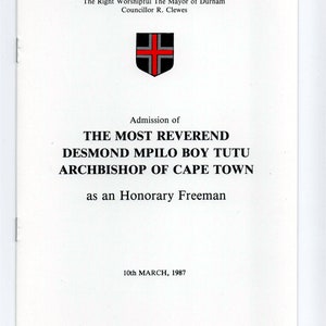 Programa A de la ciudad de Durham: Desmond Tutu Honorary Freeman. 1987.