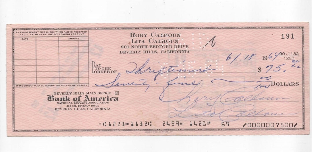 Original Rory Calhoun Signed Cheque. June 1969. - Etsy