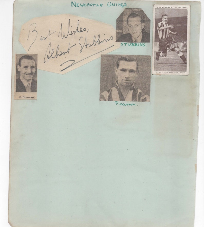 May include: Black and white photograph of a group of men, probably a sports team. The men are wearing jerseys and shorts. The photo is labelled "Newcastle United" and includes the names "Stubbing", "Brennan", and "Pearson".