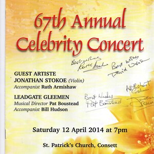 Firmado: Leadgate Gleemen 67º Concierto anual de celebridades. Consett. Programa de abril de 2014.