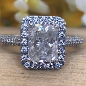 9x7mm Radiant Cut Moissanite Ring, Halo Moissanite Wedding Ring, Half Eternity Moissanite Ring, Sterling Silver Ring, Anniversary Gift Ring