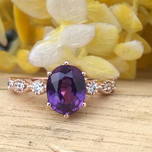 Eva Alexandrite Ring- 14K Rose Gold Vermeil Ring- Engagement Ring Promise Ring Color Changing Stone June Birthstone Anniversary Gift For Her