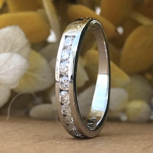 White Gold Channel Set Diamond Wedding Band, 3.50 MM Round Colorless Moissanite Eternity Band, Stacking Band Ring, Matching Eternity Band