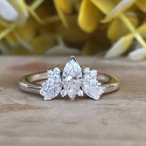 Cluster Ring/ 1.50 Ct Marquise Cut Moissanit Verlobungsring / Antiker Ehering / Handgemachter Ring / Jahrestag Geschenk für Frauen