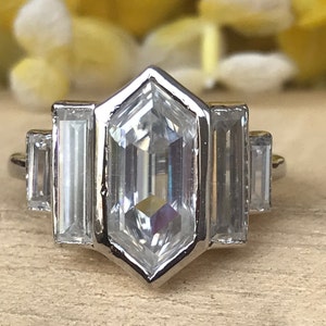 Hexagon Step Cut Moissanite Engagement Womens Ring,Baguette Cut Side Stone Ring,Wedding Ring,10K/14K/18K White Gold Ring,Promise Ring