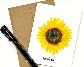 Sunflower Thank You Notecard in Watercolor, A2 Size (4.25 x 5.5), Brown Kraft Envelopes, Blank Inside, Gift Idea for Her, Mother's Day Gifts