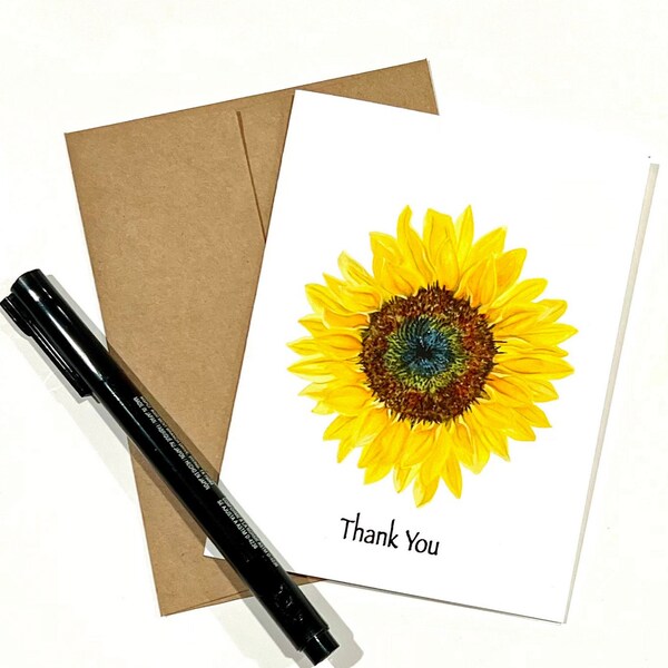Sunflower Thank You Notecard in Watercolor, A2 Size (4.25 x 5.5), Brown Kraft Envelopes, Blank Inside, Gift Idea for Her, Mother's Day Gifts