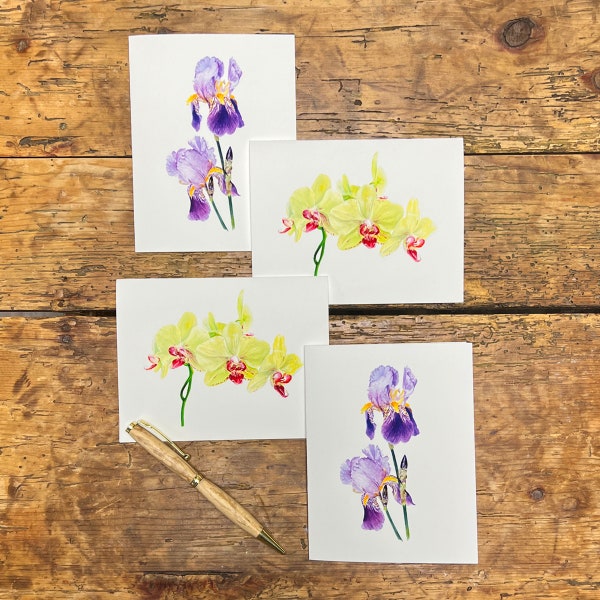 Notecard Set of Yellow Orchids and Purple Irises, Watercolor, A2 (4.25" x 5.5") Size, Spring Flowers, Gift for Her, Mother's Day Gifts
