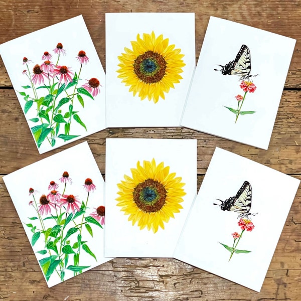 Floral Notecard Set of Summer Flowers in Watercolor, Purple Coneflowers, Yellow Butterfly, Sunflower, Gift Idea for Her, Mother's Day Gifts