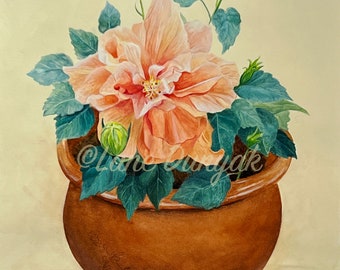 Hibiscus Flower Art Print, Watercolor Painting,  4x6, 5x7, 8x10, 11x14, Wall Art, Home Decor, Gift Idea, For Her, Orange, Mother's Day Gifts