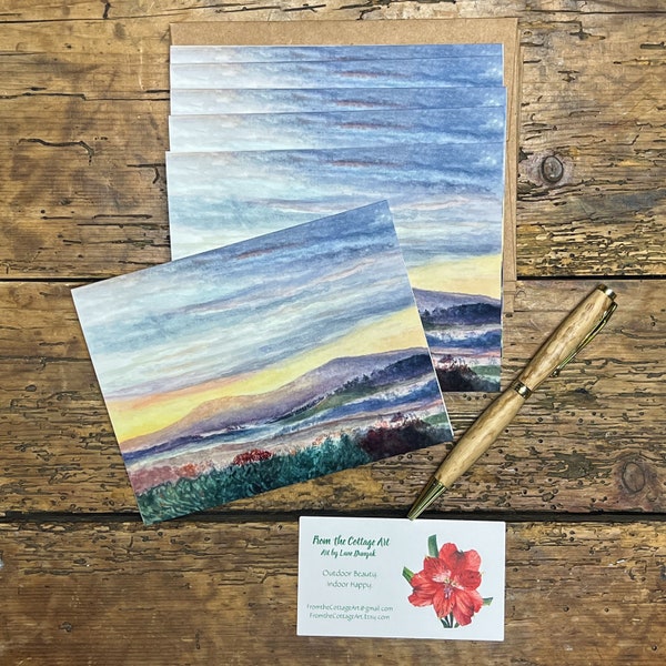 Blue Ridge Mountains Notecard Set, in Watercolor, A2 Size, Blank Inside, Brown Kraft Envelope, Gift Idea for Her for Him, Mother's Day Gifts