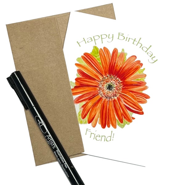 Happy Birthday Notecard Set, Orange Gerbera Daisy, Watercolor, A2 Size (4.25" x 5.5"), Brown Kraft Envelopes, For Her, Mother's Day Gifts