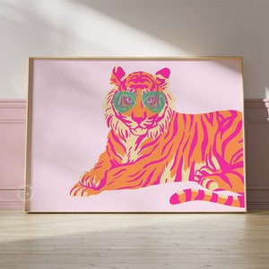 Impresión retro de tigre rosa, decoración de habitación preppy (sin marco)