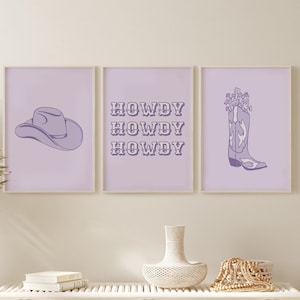 Cowgirl Lavender Set of 3 Prints, Lilac Western Printable Art, Cowboy Boots Boho Wall decor, Boho illustration, Nash