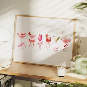 カクテルプリント、コケットバーカート、トレンディな壁プリント、ヴィンテージワインプリント、アルコールレトロ壁アート、ピンクのガーリーアート、シャンパンプリントフレームなし