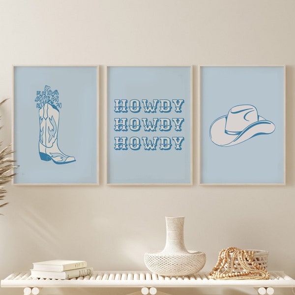 Cowgirl Prints Set of 3, Blue Western Art, Boho Home Decor (Digital Download)