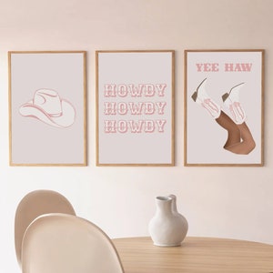 Set of 3 howdy Prints, Light Pink Howdy Sign,  Blush Western Wall art, Cowgirl Boots print, Digital Download