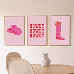 Howdy Set of 3 Pink western prints, Printable Wall Art, Cowgirl Boots, Pink Preppy Wall decor, Boho illustration, Nash, Gift for her,