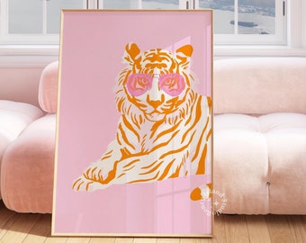 Retro Tiger Print, Pink Orange Sunnies, Preppy Dorm Decor (UNFRAMED)