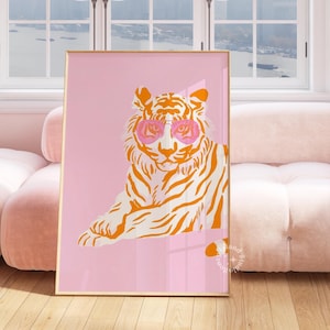 Retro Tiger Print, Pink Orange Sunnies, Preppy Dorm Decor (UNFRAMED)
