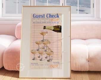 May include: A vintage guest check with a champagne bottle and glasses stacked in a pyramid shape. The check is dated 051197 and has the words "Guest Check" printed at the top.