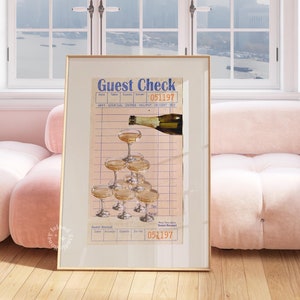 guest check print, Champagne tower poster,  trendy wall art, bar cart decor, funky retro prints, retro poster aesthetic, Dorm Room Decor