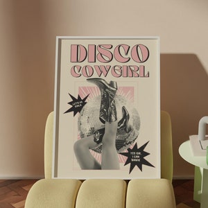 Disco Cowgirl Print, Western Poster, Retro Vintage Disco Cowgirl Art Print, Bar Cart Digital Download, Dorm Room Decor,