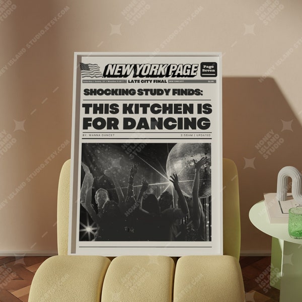 This Kitchen is For Dancing Print, Retro Newspapers Print, Disco Headline Kitchen Print, Black white Kitchen Art,