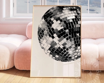 Disco Ball Print, Black and White Groovy Poster (Digital Download)