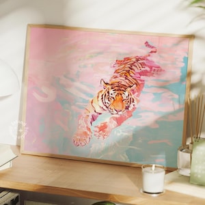 Tiger preppy dorm decor Landscape Horizontal pink orange art preppy aesthetic retro trendy wall art poster UNFRAMED