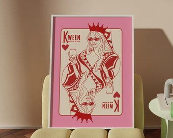 Kween Of Hearts Print, Queen Of Hearts, Y2K Preppy Wall Art, Queen of Hearts Bar Cart Decor, Retro Vintage Poster Print, DIGITAL DOWNLOAD