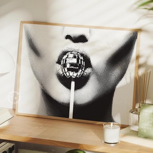 Disco Ball print, Trendy Wall Art, Retro Disco Lollipop, Black White funky, Bar Cart decor, Preppy Aesthetic Poster, Dorm Decor UNFRAMED