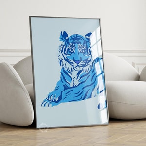 Tiger Print Blue preppy maximalist wall Art Jungle animal art Leopard Printable Preppy aesthetic room decor Trendy art DIGITAL DOWNLOAD