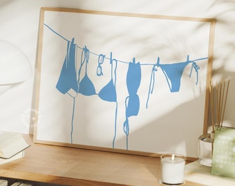 Blue bikini art print, swimsuit drying in the sun wall art, coastal cowgirl poster, trendy girly prints, landscape, horizontal, UNFRAMED