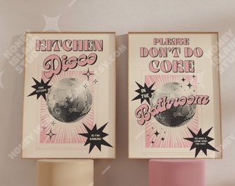 Retro Disco Prints,  Set of 2 Poster Kitchen Disco, Coke in the Bathroom, Trendy Bar Cart,  Dorm Room Decor, Funky Wall Art