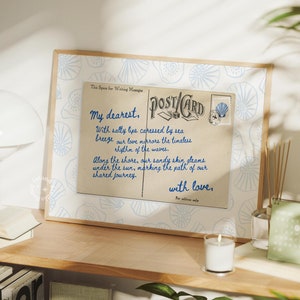 Arte de pared con carta de amor costera, carta de amor con postal retro, impresión de pared con postal, decoración de dormitorio, arte de pared para dormitorio, conchas marinas, verano SIN MARCO