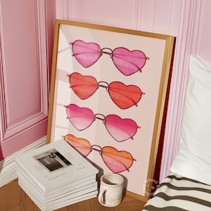 Heart sunglasses, rose tinted sunglasses, trendy wall prints, retro wall art pink girly prints