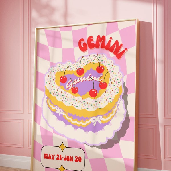 Gemini Cake Poster, Zodiac Gemini Cake Print, Retro Cake Wall Decor, Digital Download Print, Large Printable Art, Gemini Cherry Cake Prints
