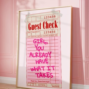Trendy Guest Check Print, Pink Guest Check Poster, Preppy Funky Decor, Trendy Print, College Dorm Decor,  DIGITAL DOWNLOAD
