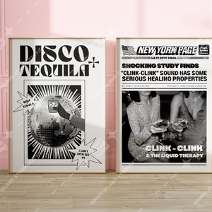 Retro Disco Tequila print, Champagne Headline Set of 2 Poster, Trendy Bar Cart,  Dorm Room Decor, Funky Wall Art