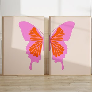 Butterfly Wall Art Print Set of 2, Pink Preppy Dorm  decor, Split Butterfly print, handmade Home decor, Digital Prints,