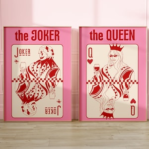 The Joker and The Queen Prints, Funky Cocktail Wall Art, Playing Cards, Y2k Poker, Girly Preppy Decor, Bar Cart Aesthetic, Dorm Room Decor,