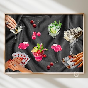 Poker Night Print, Women playing poker Poster, Landscape Bar Cart WallArt, Retro wall art, Aesthetic trendy retro fun UNFRAMED
