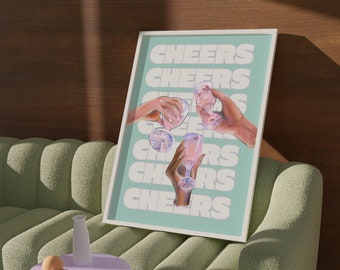 Sage Green Cheers Cocktail Print, Retro Bar Cart Art (Digital Download)