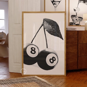 8 Ball Cherry wall Print, Funky Prints, Groovy Posters, Dorm Room Decor, Black White Cherry, 8 Ball Cherries Bar Cart wall art, UNFRAMED