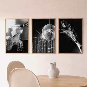 Bar Cart Prints, SET of 3, Disco Champagne Prints, Pop The Champagne Digital Print, Funky Black White Prints, Groovy Dorm Room Decor