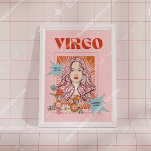 Pink Virgo Poster, Virgo Retro Zodiac Wall Print, Retro Wall Decor, Digital Download Print, Large Printable Art, Virgo Downloadable Prints