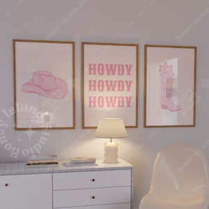 Howdy Set of 3 Pink Western Prints, Printable Wall Art, Cowgirl Boots, Preppy Wall decor,  Nash, Digital Download, Gift for her,