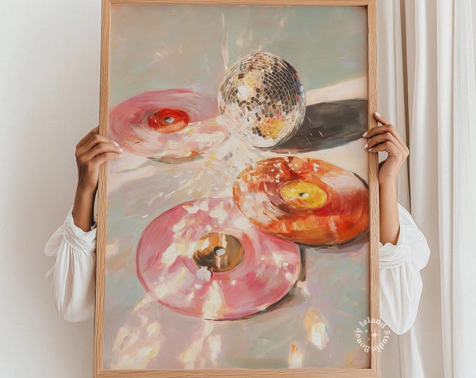 Pink Disco Vinyl Record Art Print: Disco Ball Oil Painting Style  UNFRAMED