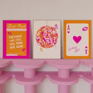 Conjunto de 3 impresiones modernas en rosa y naranja con cuadros de invitados, bola de discoteca de chica de la suerte, descarga digital, decoración de dormitorio preppy, decoración maximalista, arte de apartamento